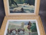 deux tableaux représentant un homme et une femme dans un bateau sur une rivière