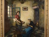 an oil painting of two women in a kitchen with a dog