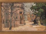an oil painting of a couple sitting on a bench in front of a house