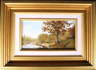 an oil painting of a river scene with trees and a bridge