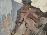 an oil painting of a man riding a horse with a hat on