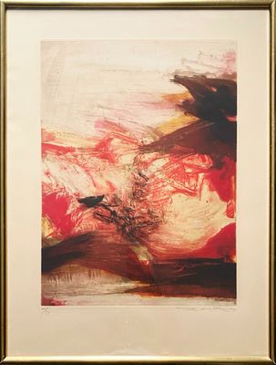 painting of a red and white abstract painting in a gold frame