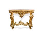 an image of a gold console table with a marble top