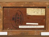 an old picture of a wooden frame with a stamp on it