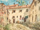 une aquarelle représentant une rue d'un village
