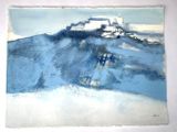 une aquarelle représentant une montagne surmontée d'une maison