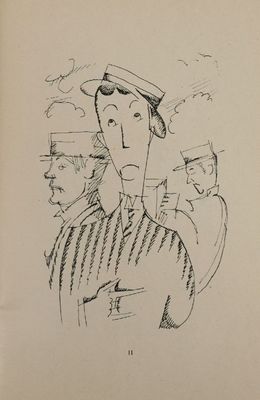 drawing of a man in a sailor ' s hat with a group of men behind him