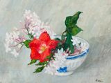 une peinture représentant des fleurs dans un bol bleu et blanc
