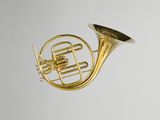 an image of a brass french horn flying through the air