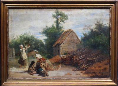 une peinture à l'huile représentant deux personnes près d'un bâtiment