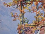 a watercolor painting of a cabin in the woods