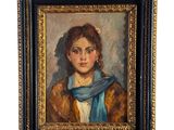 tableau représentant une femme portant un foulard bleu, dans un cadre doré