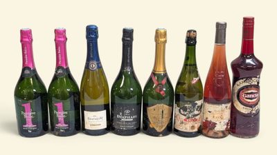 plusieurs bouteilles de vin sont alignées sur une surface blanche