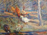 a painting of a group of ducks in the water