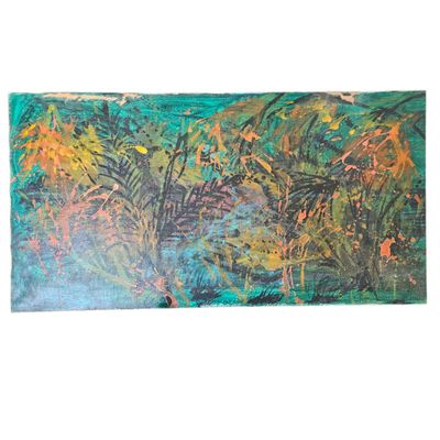 peinture abstraite sur toile représentant une scène forestière avec des arbres et des plantes