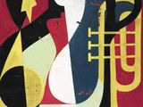 an image of a painting of musical instruments on a red background