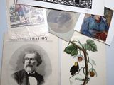 many different pictures of men and birds on the table