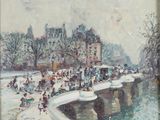 tableau représentant un tableau où l'on voit des personnes marchant sur un pont au-dessus d'une rivière