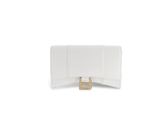 a white purse with a gold buckle on a white background