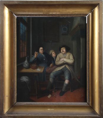 une peinture à l'huile représentant trois hommes assis à une table dans une pièce