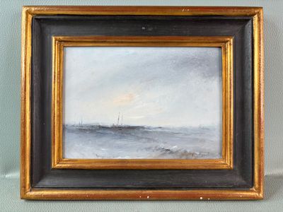 an oil painting of a sailboat in the distance on the water