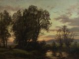an image of a painting of a river with trees and a bridge