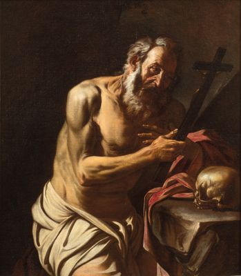 an image of a painting of a man with a sword and a skull