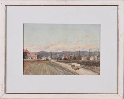 une image représentant une peinture d'une scène de campagne avec un cheval et une calèche au premier plan