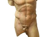 statue en marbre représentant un torse masculin, posée sur un socle en bois