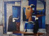une peinture représentant un homme et une femme assis sur un banc