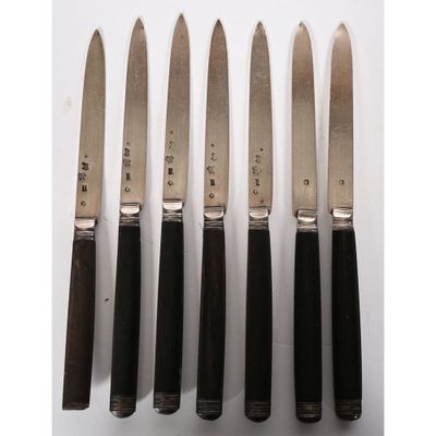 five knives are lined up in a row on a white surface
