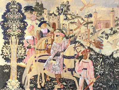 un tableau représentant un homme à cheval avec une femme à ses côtés