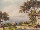 un tableau représentant une maison sur une colline au bord de l'eau