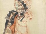 un dessin représentant une femme en robe, portant une veste à carreaux
