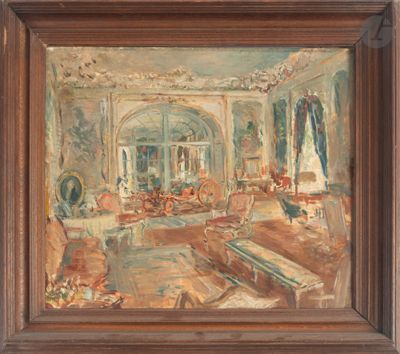une peinture à l'huile représentant un salon avec un piano