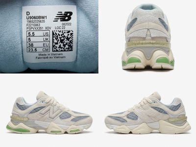 three different images of a pair of sneakers with a price tag on them