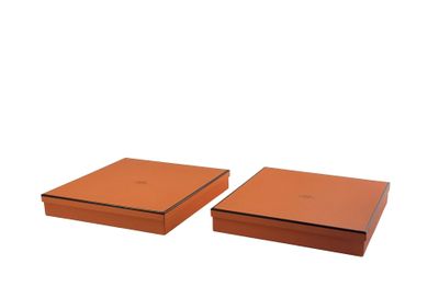 Deux boîtes marron munies d'un couvercle sont posées côte à côte sur une surface blanche.