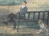 a painting of a man sitting on a bench with two dogs