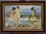 a painting of three women on the beach by the water