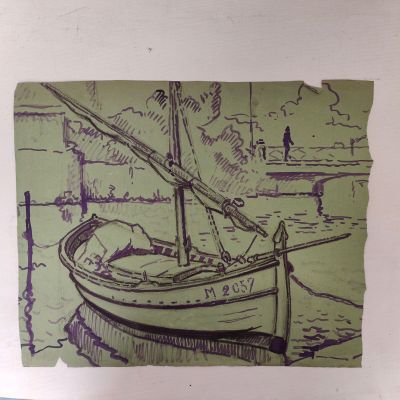 a drawing of a boat on the water with a man in the background