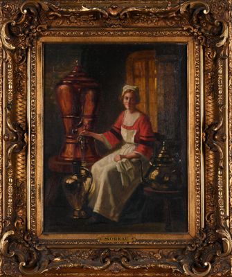 painting of a woman sitting in a chair in front of a vase