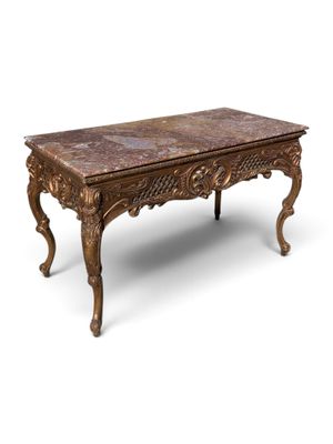 an old wooden table with a marble top on a white background