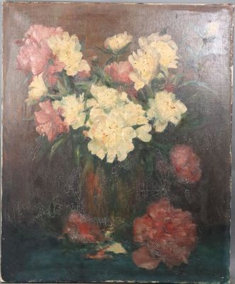 painting of flowers in a glass vase on a table
