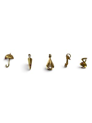 five different types of gold earrings on a white background