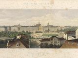painting of a view of a city with a clock tower in the distance