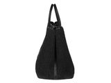 the large black tote bag is made out of a knitted material