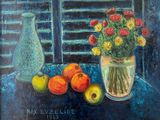 a painting of a vase of flowers and fruit on a table