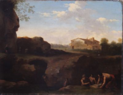 une peinture représentant un groupe de personnes dans un champ