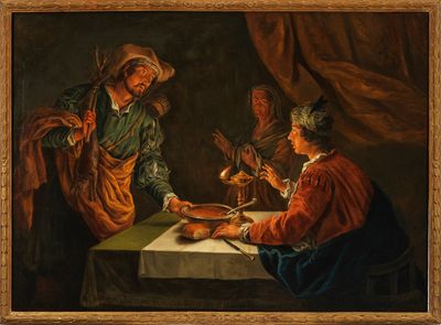 un tableau représentant deux hommes et une femme assis à une table éclairée par une bougie
