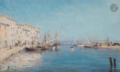 a painting of a harbor scene with boats in the water